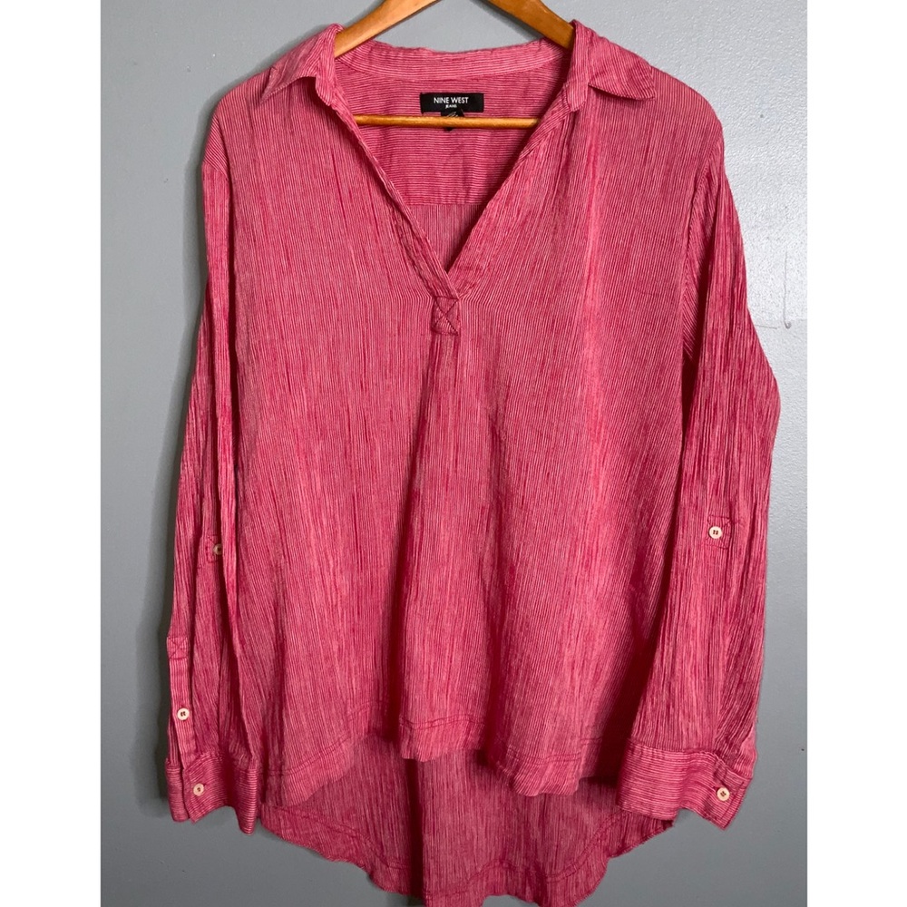 Nine West Red & White Striped Guazy Popover Cotton Blouse XL